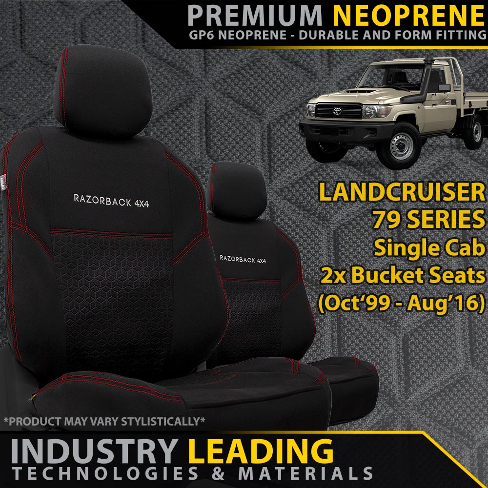 Razorback 4x4 GP6 Premium Neoprene 2x Front Seat Covers suitable for a Toyota Landcruiser 79 Series Single Cab