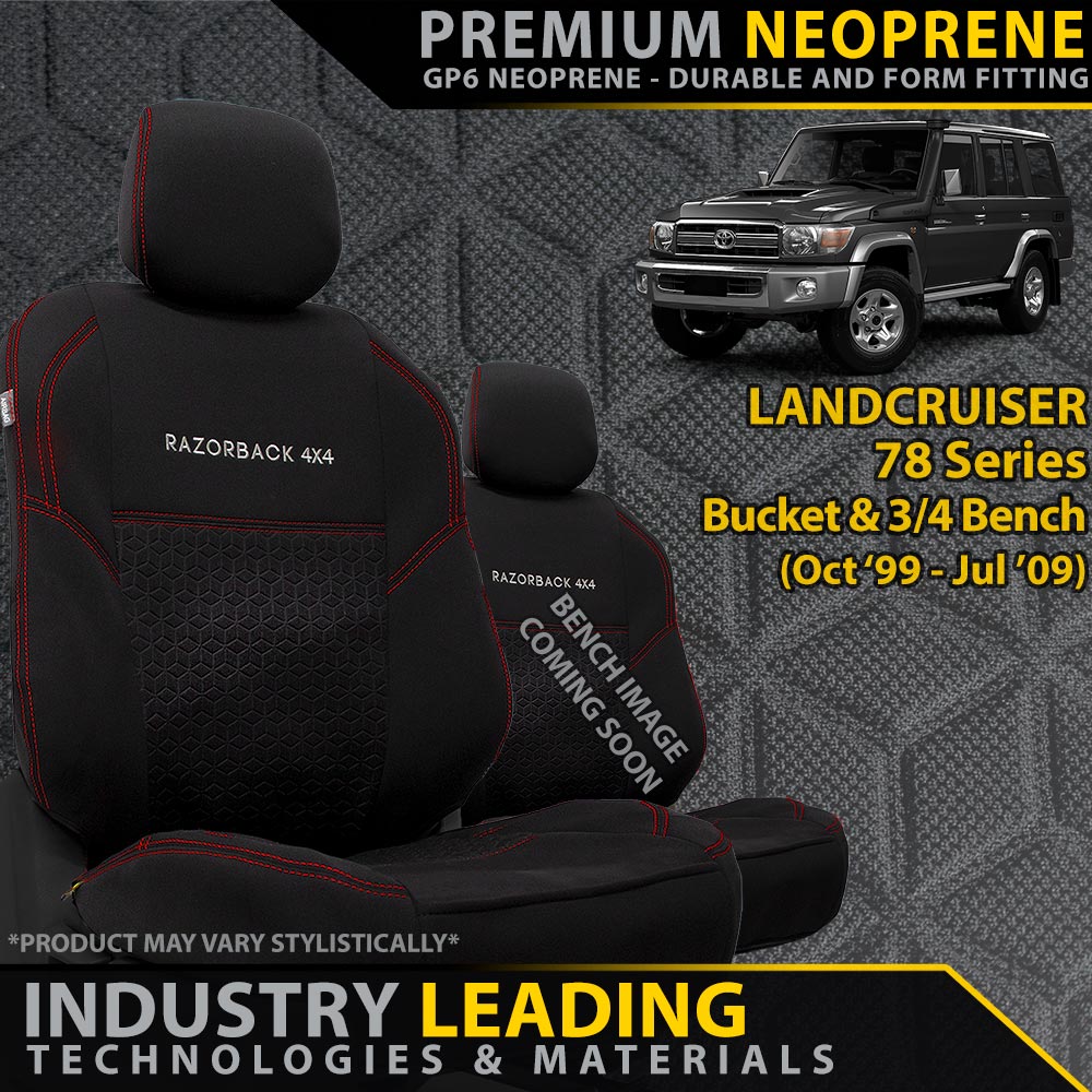 Razorback 4x4 GP6 Premium Neoprene Bucket and 3/4 Bench Front Seat Covers suitable for Toyota Landcruiser 78 Series