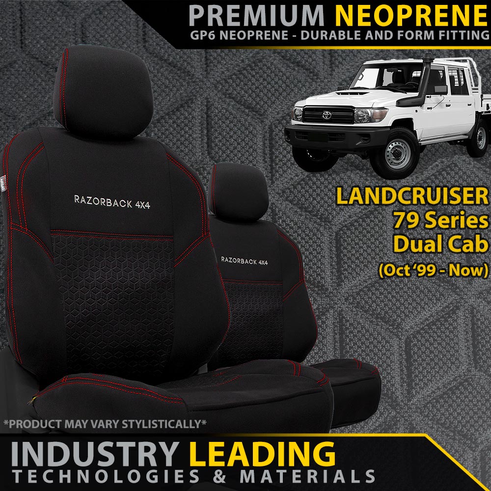 Razorback 4x4 GP6 Premium Neoprene 2x Front Seat Covers suitable for a Toyota Landcruiser 79 Series Dual Cab