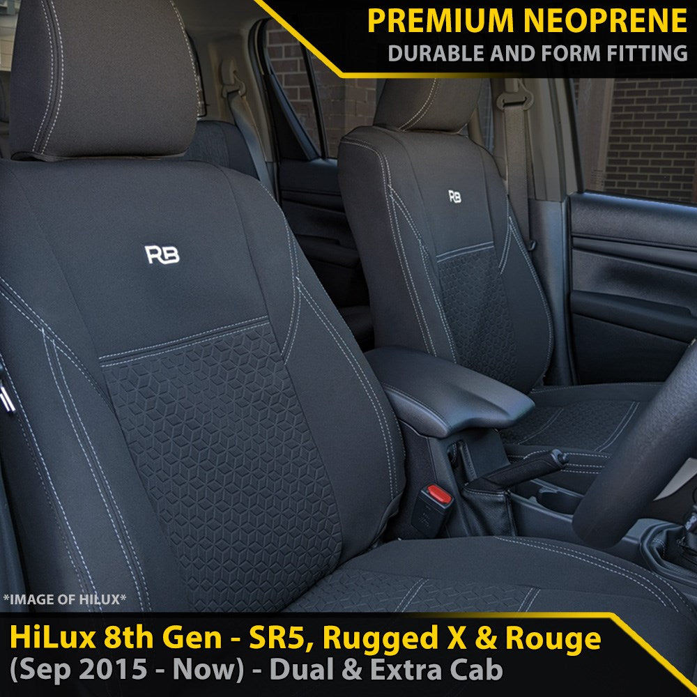 Razorback 4x4 GP6 Premium Neoprene Front Seat Covers For a Toyota HiLux 8th Gen (Leather Seats Only) SR5, Rugged X & Rogue (Sep 2015 - Current)
