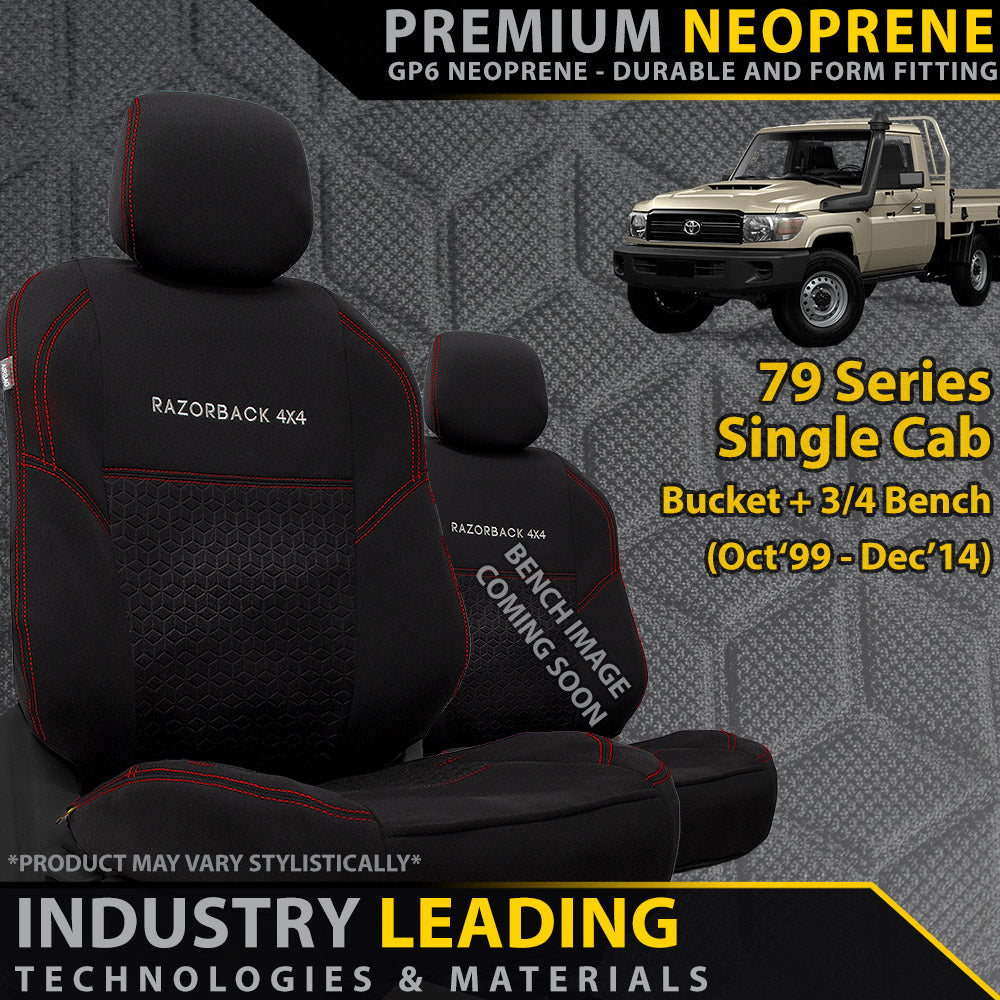 Razorback 4x4 GP6 Premium Neoprene Bucket and 3/4 Bench Front Seat Covers suitable for a Toyota Landcruiser 79 Series Single Cab