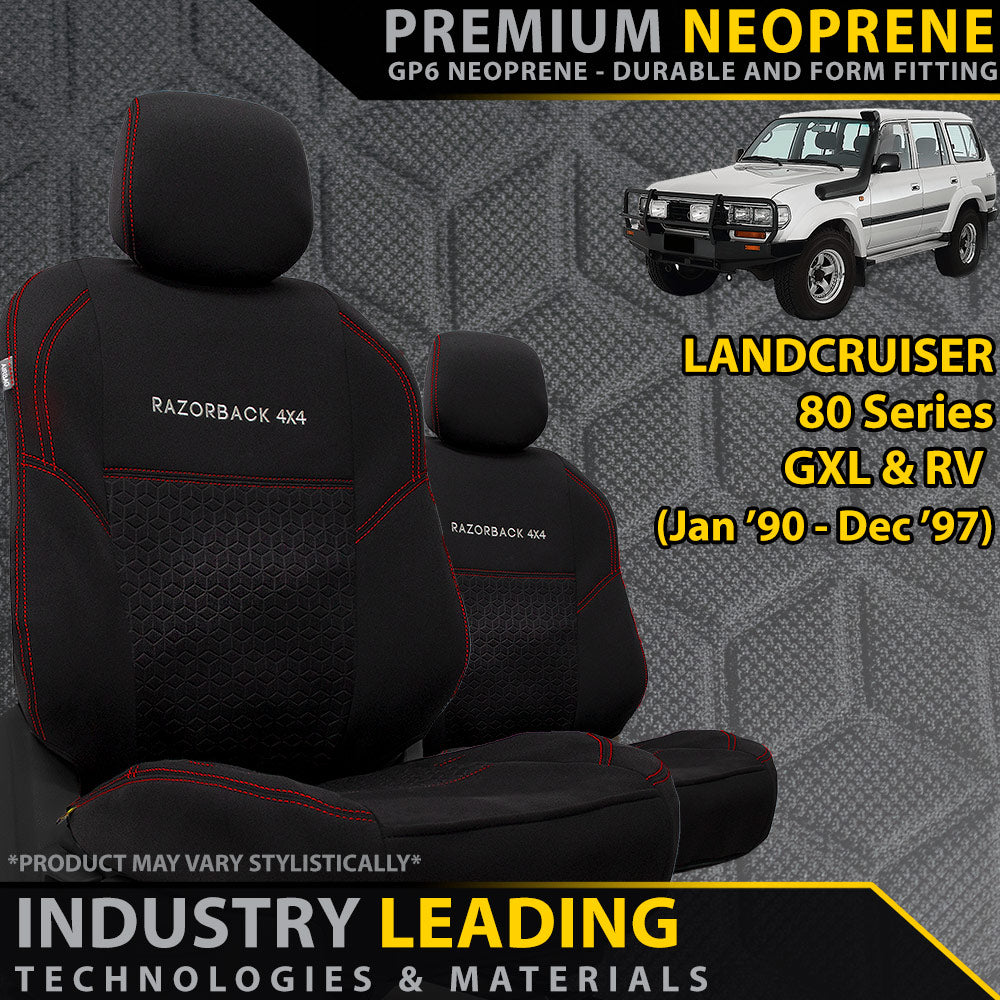 Razorback 4x4 GP6 Premium Neoprene 2x Front Seat Covers suitable for a Toyota Landcruiser 80 Series GXL & RV