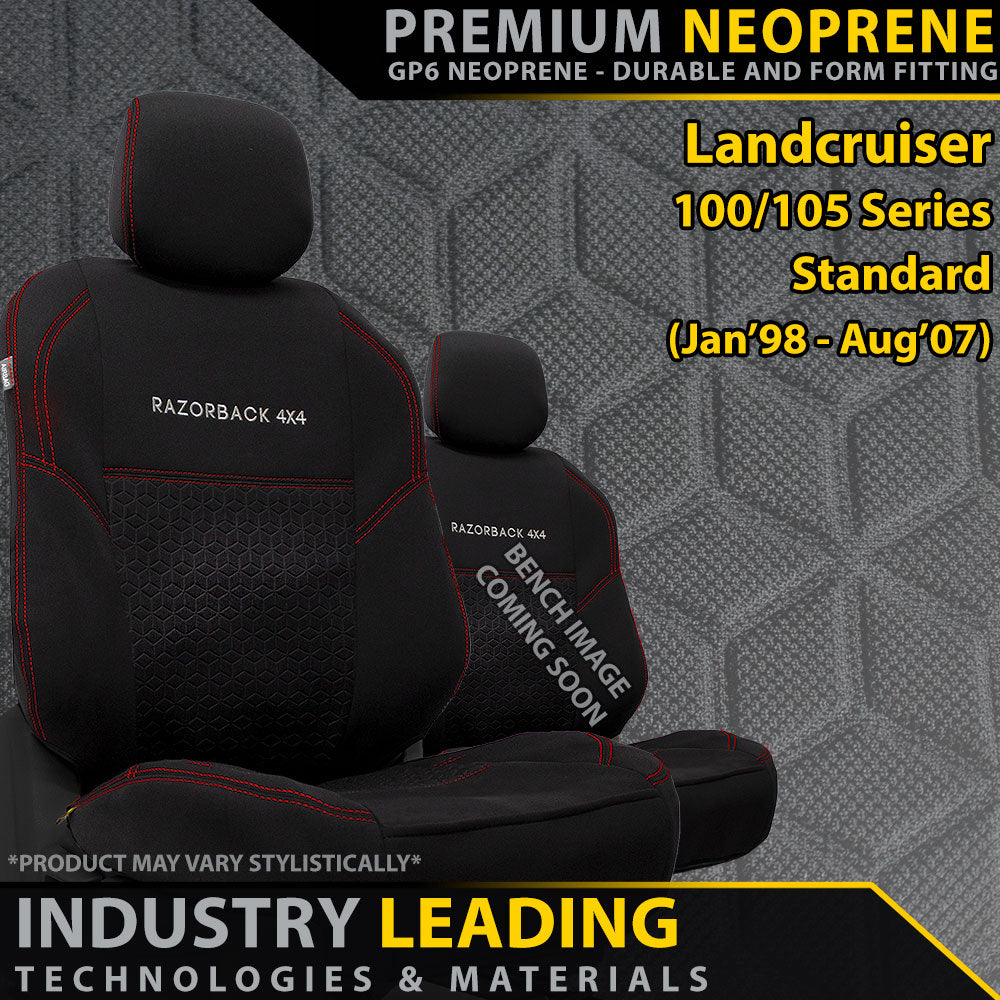 Razorback 4x4 GP6 Premium Neoprene Bucket and 3/4 Bench Front Seat Covers suitable for a Toyota Landcruiser 100/105 Series Standard