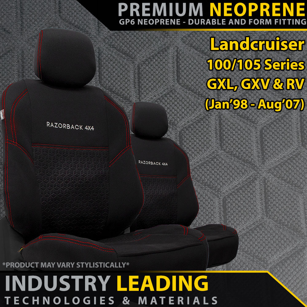 Razorback 4x4 GP6 Premium Neoprene 2x Front Seat Covers suitable for a Toyota Landcruiser 100/105 Series GXL, GXV & RV