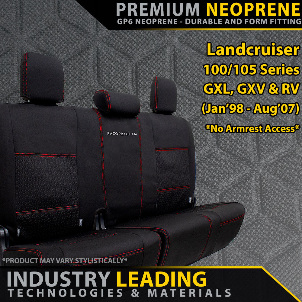 Razorback 4x4 GP6 Premium Neoprene Rear Row Seat Covers suitable for a Toyota Landcruiser 100/105 Series GXL, GXV & RV (Made to Order)