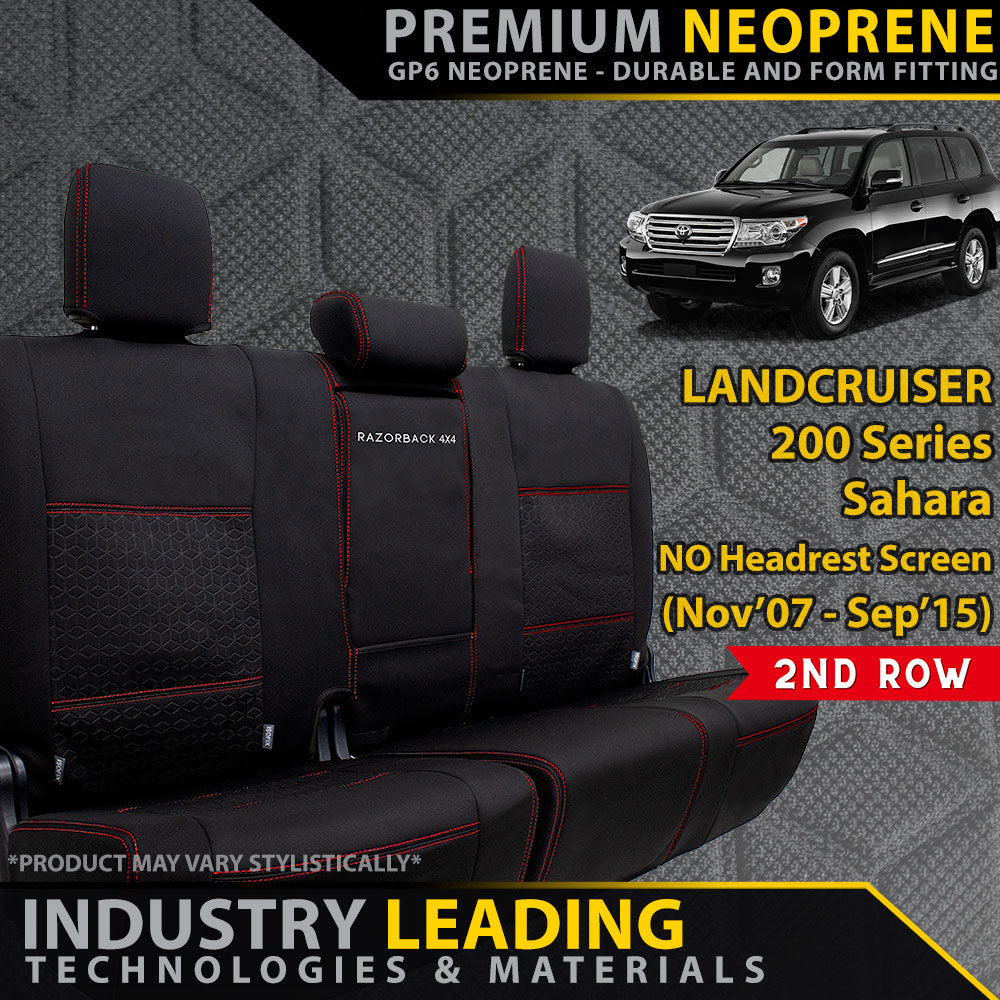 Razorback 4x4 GP6 Premium Neoprene Rear Row Seat Covers suitable for a Toyota Landcruiser 200 Series Sahara (Pre Facelift) (Made to Order)