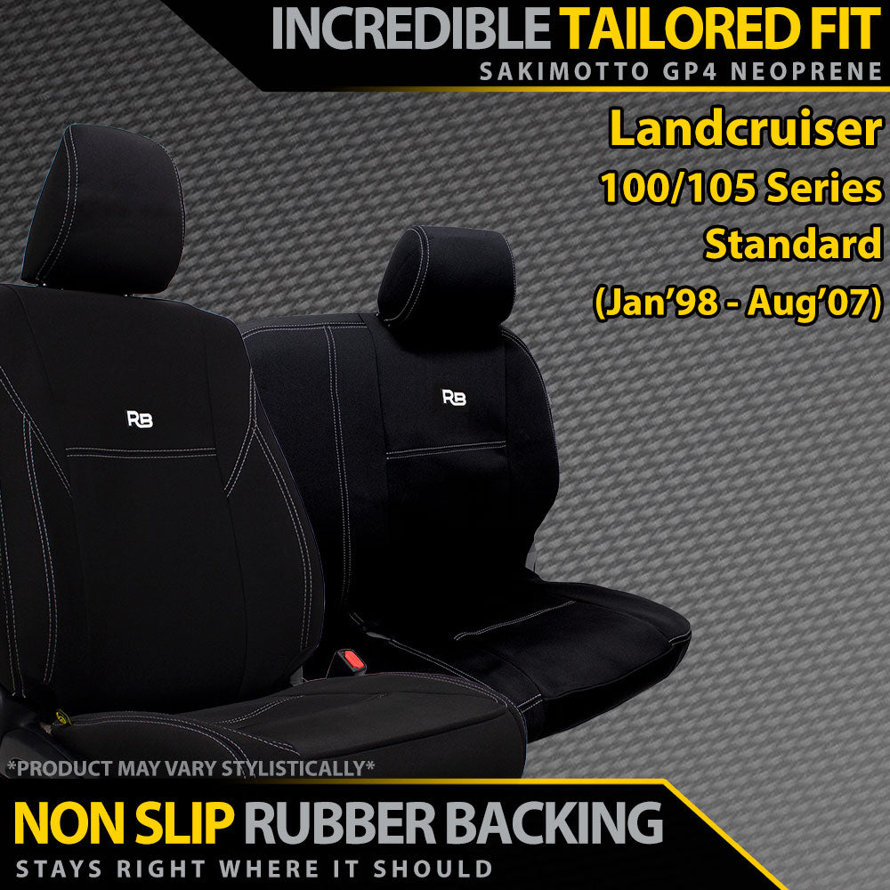 Razorback 4x4 GP4 Standard Neoprene Bucket and 3/4 Bench Front Seat Covers suitable for a Toyota Landcruiser 100/105 Series Standard (Made to Order)