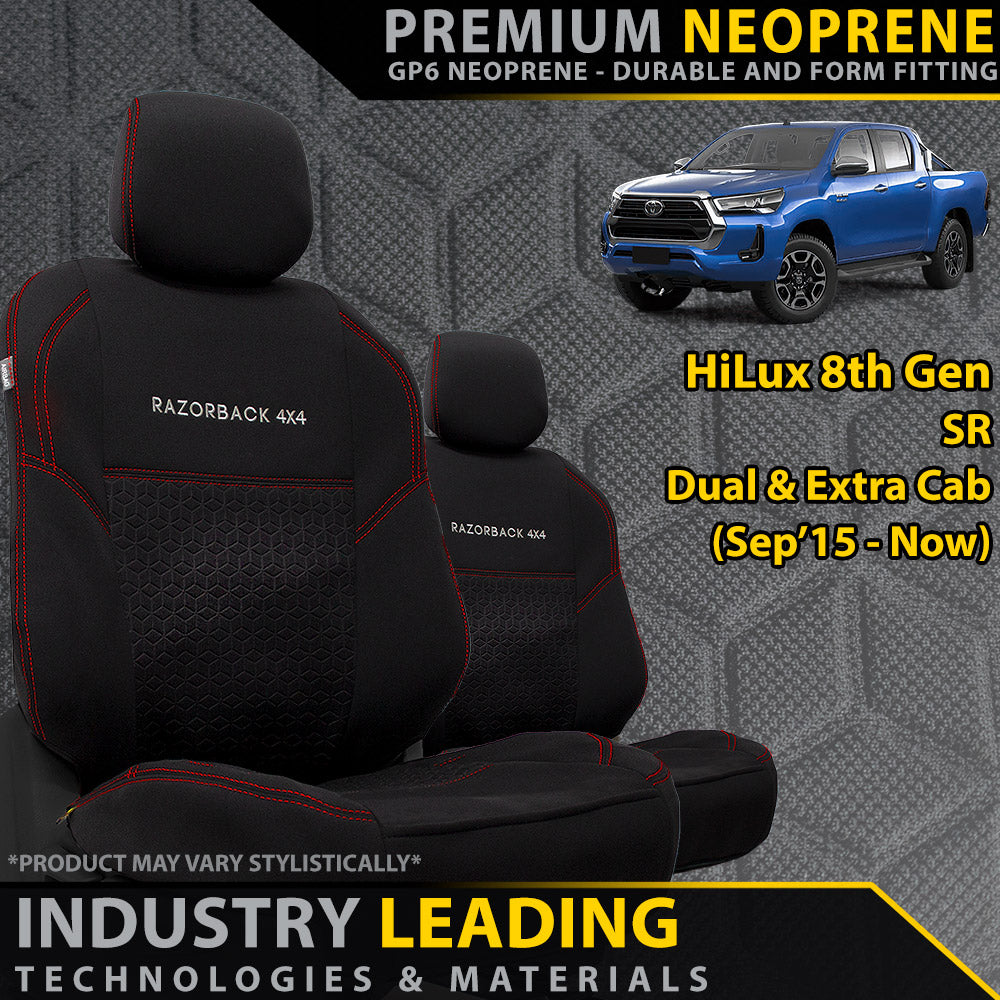 Razorback 4x4 GP6 Premium Neoprene Front Seat Covers For a Toyota HiLux 8th Gen (Cloth Seats Only) SR & SR5 (Sep 2015 - Current)