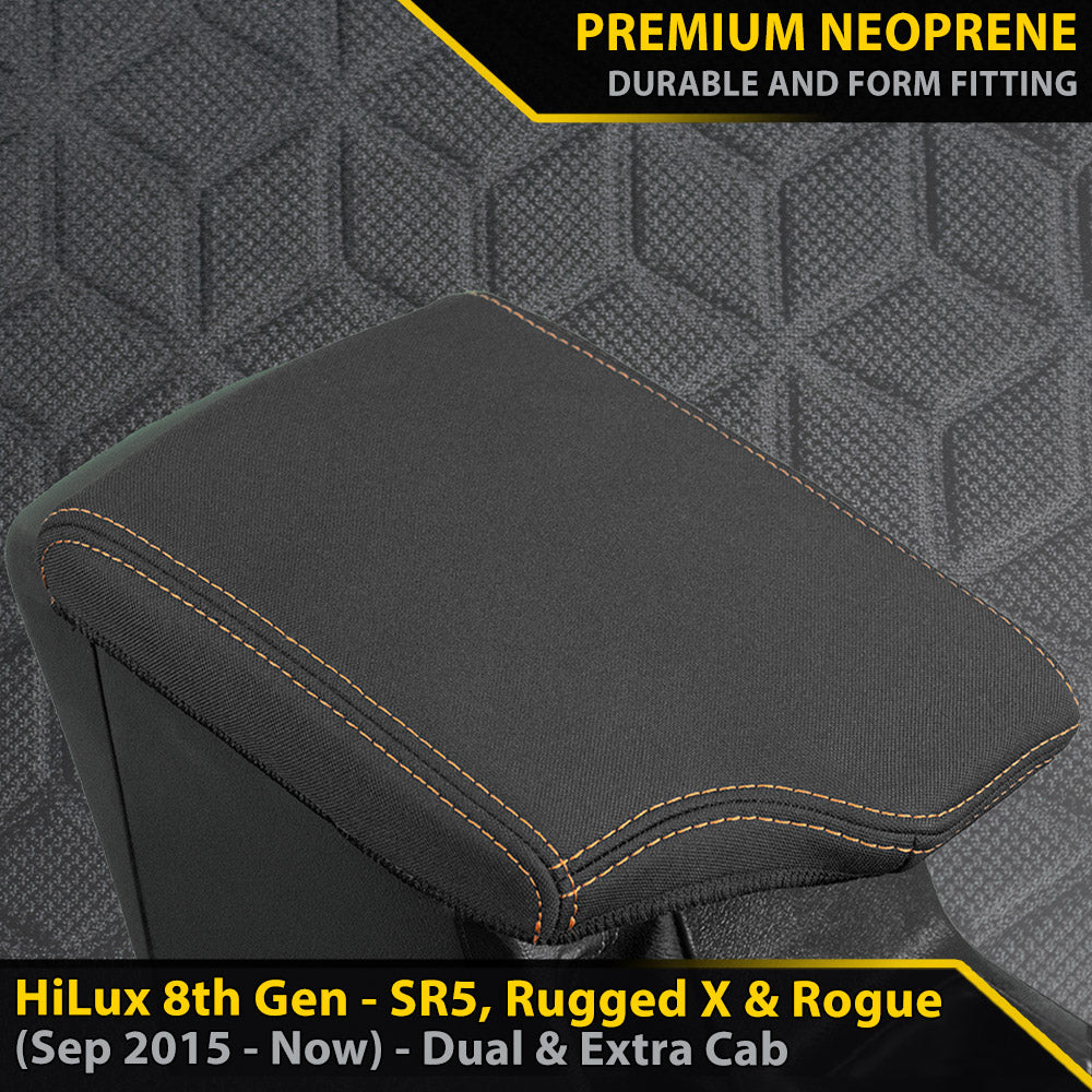 Razorback 4x4 GP6 Premium Neoprene Console Lid Cover suitable for a Toyota Hilux 8th Gen SR5, Rugged X & Rogue