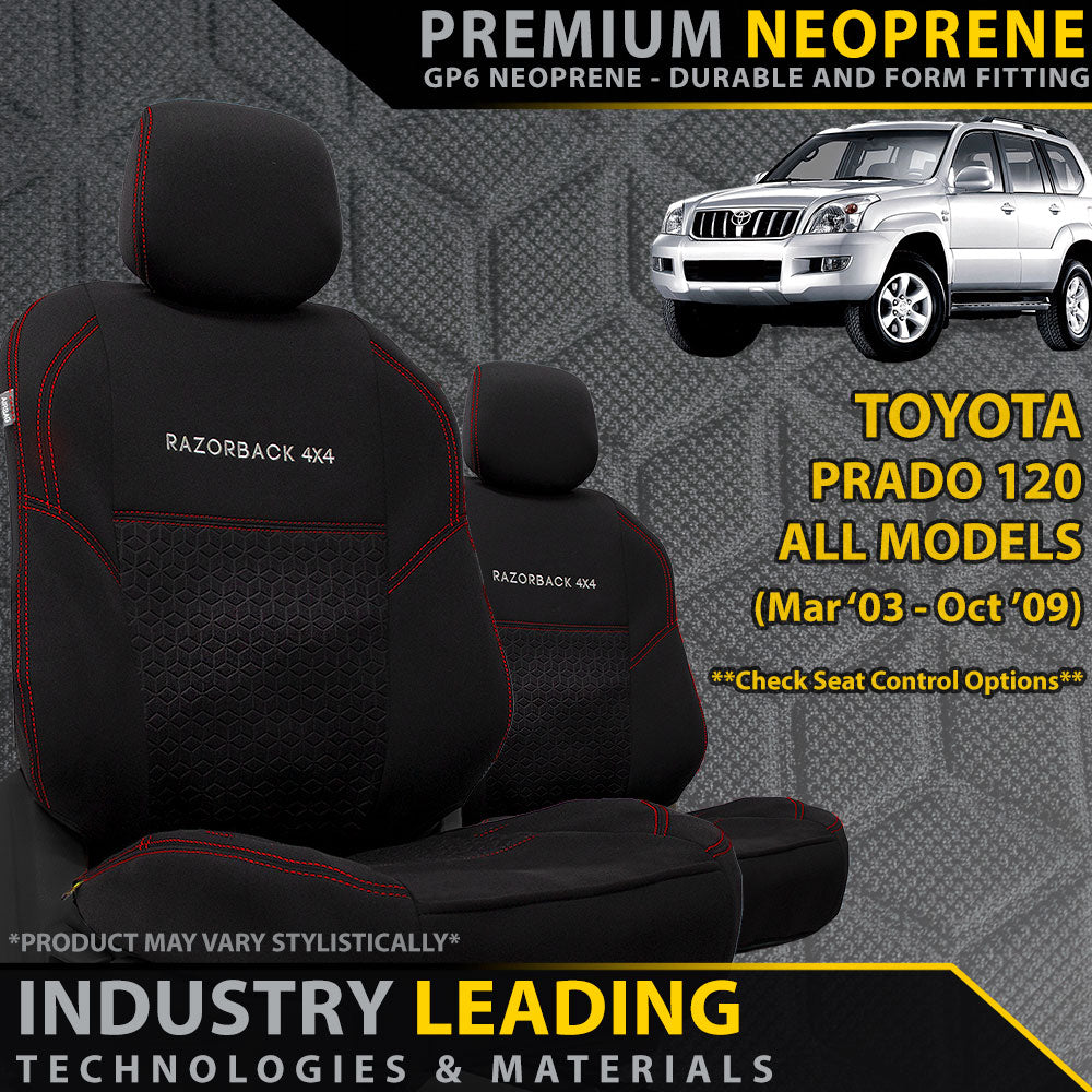 Razorback 4x4 GP6 Premium Neoprene 2x Front Seat Covers suitable for a Toyota Prado 120 GX & GXL