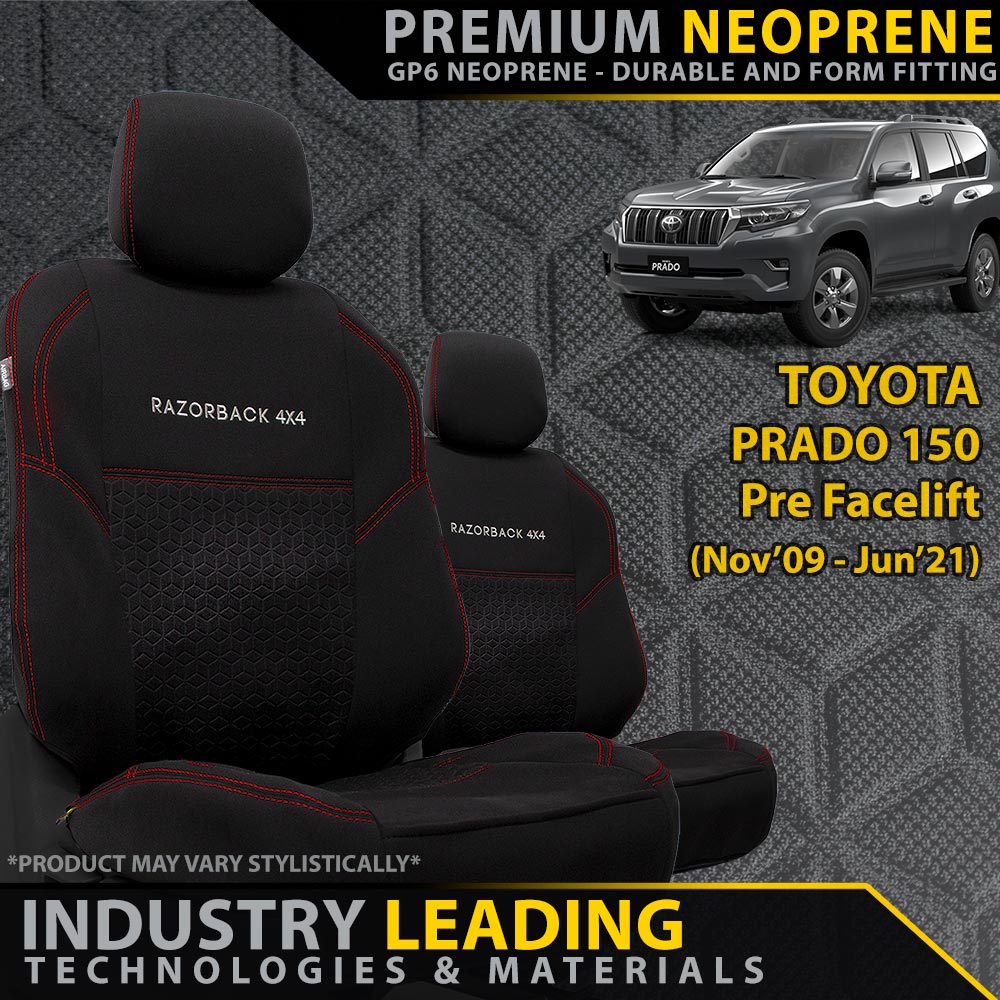 Razorback 4x4 GP6 Premium Neoprene 2x Front Seat Covers suitable for a Toyota Prado 150 (Pre Facelift)